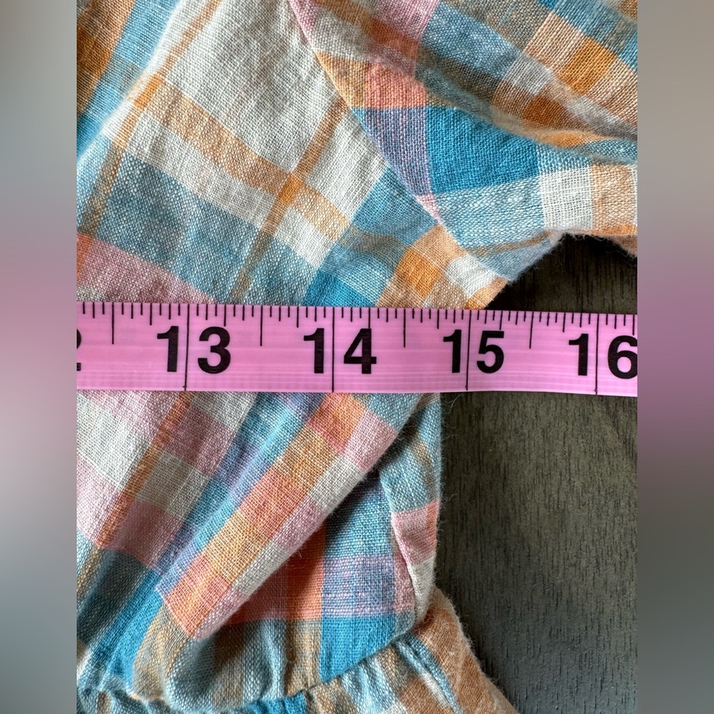 Drew Puff Sleeve Cottage Tiered Midi Dress Plaid Tan Pink Blue Multi Sz S - Picture 6 of 11